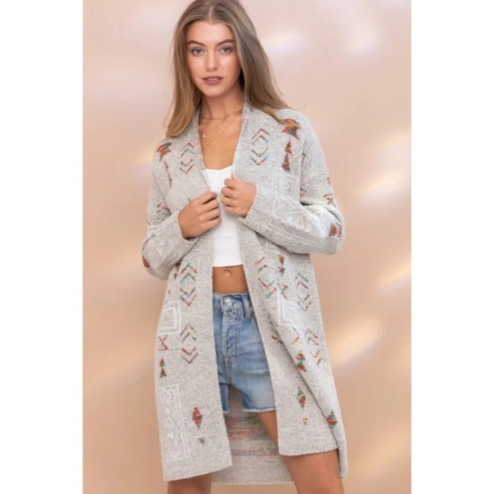 SOLD OUT Gray Colorful Aztec Tribal Western Marled Open Knit Cardigan Long - Picture 4 of 9